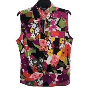 Investments Sleeveless Floral Blouse Knot Front Button Luxury Top Bright Size PL